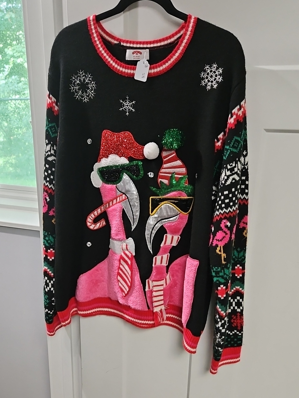Holiday Time Black & Pink Flamingo Crewneck Sweater with Festive Trim